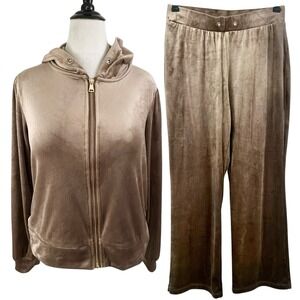 MAGASCHONI Velour TRACK SUIT sz L Full Zip Hoodie JACKET & PANTS Y2K 2 PC Brown